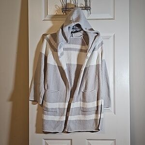 Gray White Hooded Open Front Cardigan Heavy Knit Sweater No Tags Fits S M